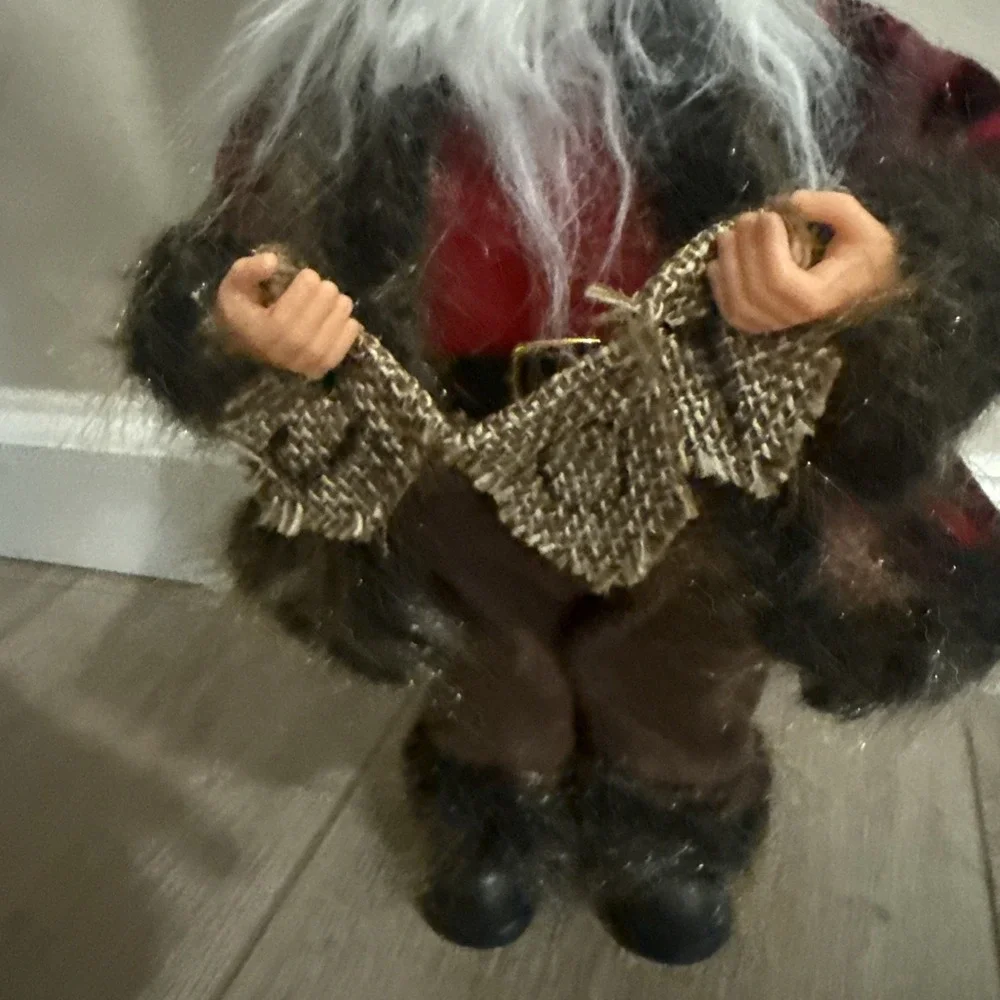 16‎ inch Tall Standing Santa Claus Holding JOY sign Red Plaid Coat Fur Accents